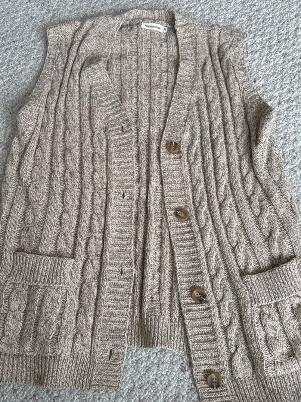 Beige Cable Knit Button-Front Sweater Vest